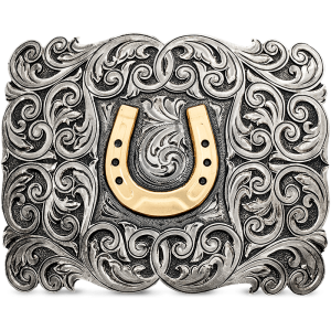 A unique custom belt buckle built on a german silver scrolls base with personalized horseshoe bronze figure 